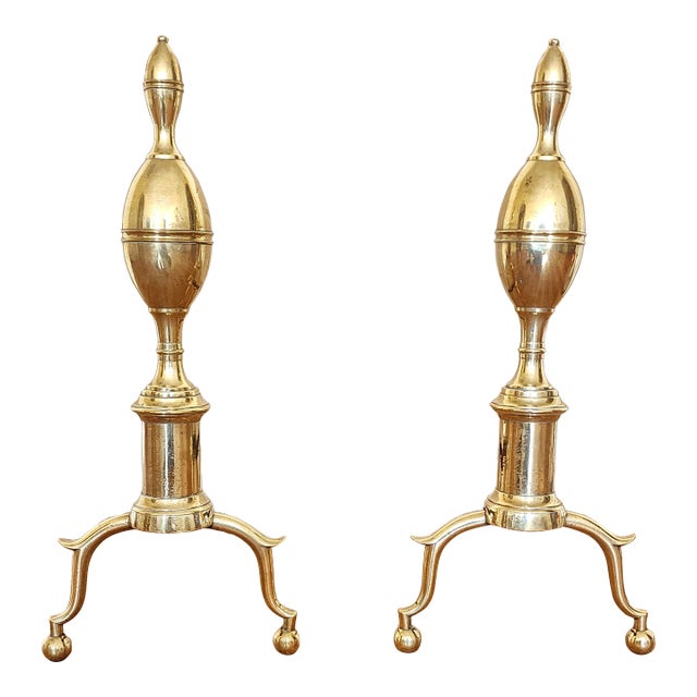 Antique 19th Century Federal Style Brass Andirons-A Pair For Sale