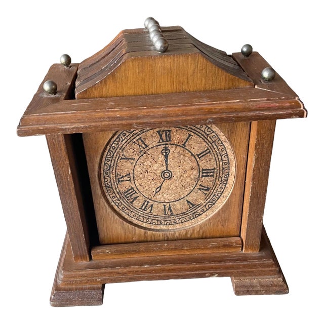 1970s Wood and Cork Clock Coaster and Holder- 7 Pieces For Sale