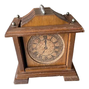 1970s Wood and Cork Clock Coaster and Holder- 7 Pieces