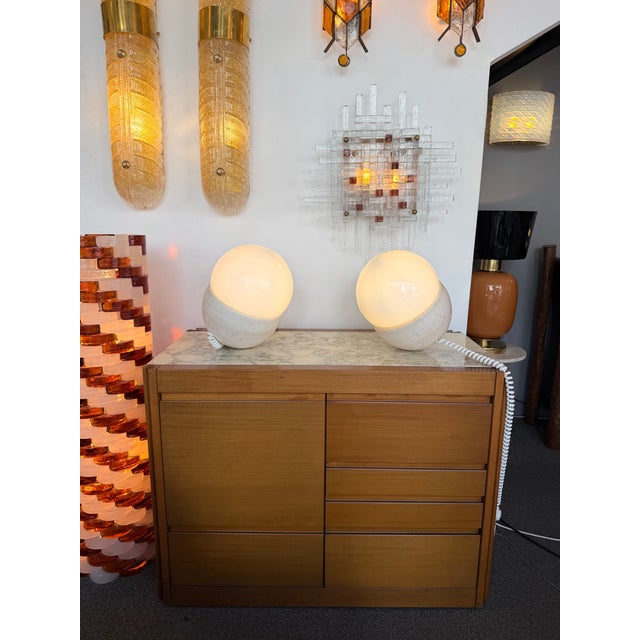 Pair of Travertine and Opaline Glass Culbuto Lamps Italy, 1980s For Sale - Image 12 of 12