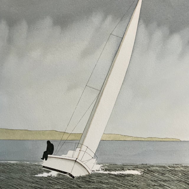 1980’s Vintage Original Etching/Lithograph Print Sailboat Racing Signed For Sale - Image 4 of 9