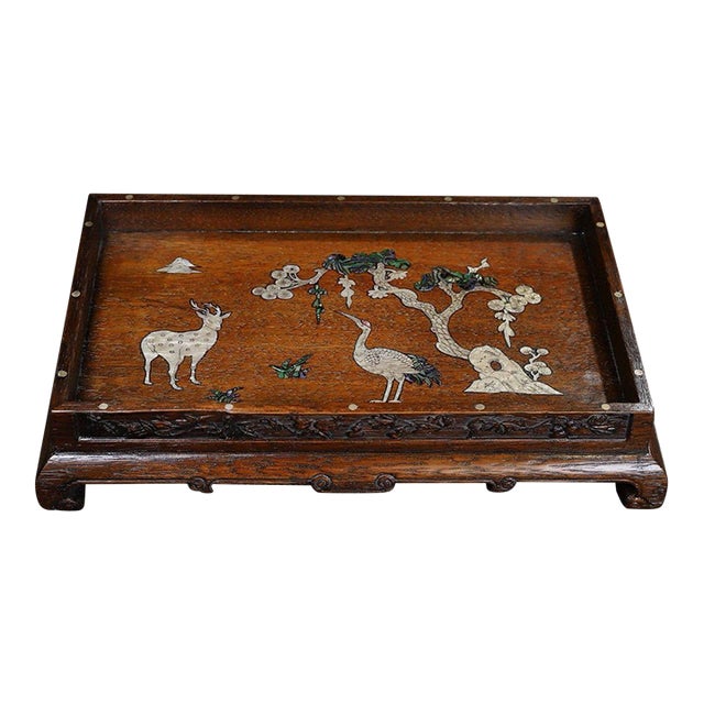 Huali Rosewood Tray Inlaid With Mother-of-Pearl Deer & Crane For Sale