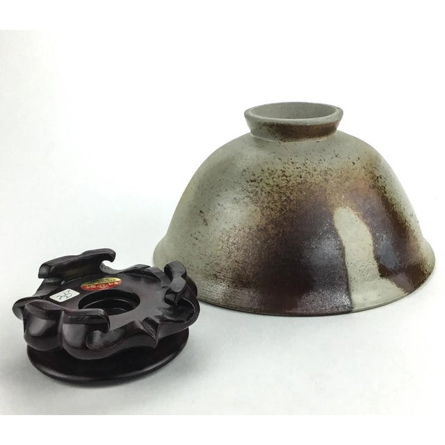 Oyster Gray Vintage Japanese Artisan Clay Bowl With Rosewood Stand For Sale - Image 8 of 13