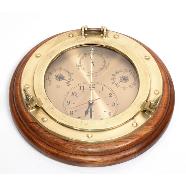 Bauhaus 1960s Nautical Porthole Quartz Clock Weather Station Barometer Brass Oak Wood For Sale - Image 3 of 12