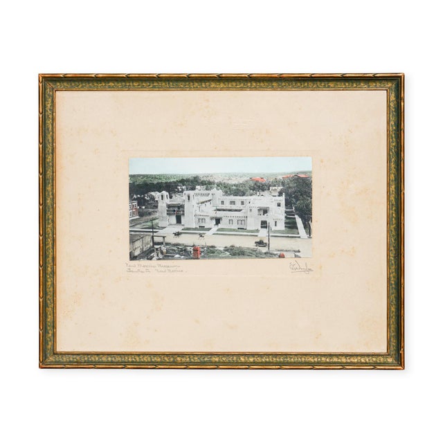 Early historical colored photograph of the New Mexico Museum of Art located in Santa Fe, NM. The work highlights the...