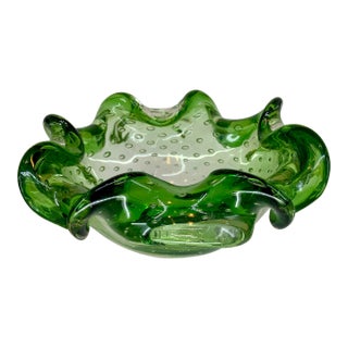 Vintage Murano Green Glass With Controlled Bubbles Free Form Bowl For Sale