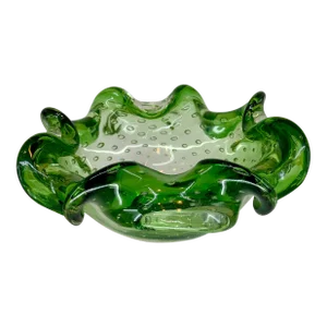 Vintage Murano Green Glass With Controlled Bubbles Free Form Bowl