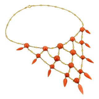 Cabochon & Spear Coral 21k Yellow Gold Drape Victorian Necklace 15" Long For Sale
