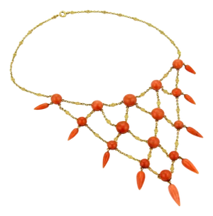 Cabochon & Spear Coral 21k Yellow Gold Drape Victorian Necklace 15" Long