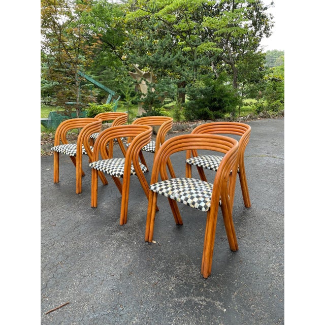 Wood 1970s Rattan Dining Chairs by Axel Enthoven With Mackenzie Childs Fabric - Set of 6 For Sale - Image 7 of 12