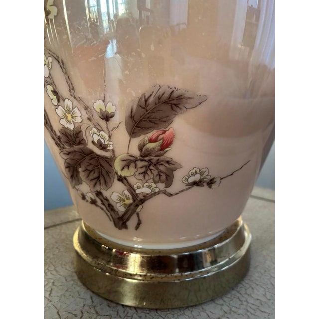 Vintage Floral Ceramic Table Lamp With Brass Base & Bell Shade For Sale In Los Angeles - Image 6 of 8