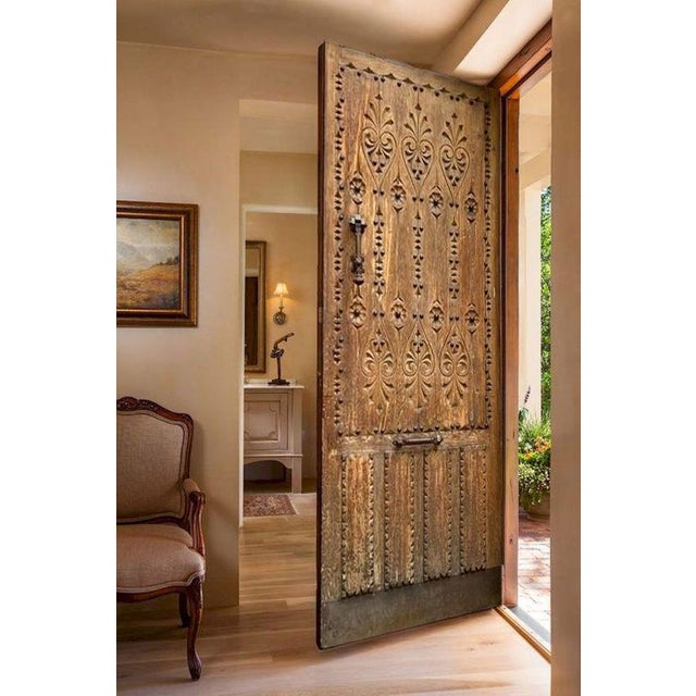 Gothic Gothic Revival Carved Solid Wood Entry Door – Fleur-De-Lis Pattern & Iron Clavos For Sale - Image 3 of 11