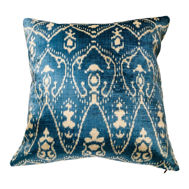 Silk Velvet Ikat Pillow Denim Blue Ivory For Sale