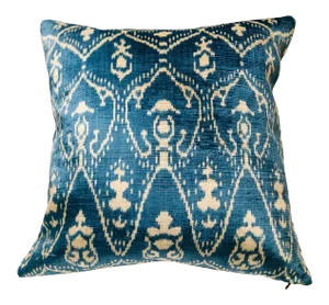 Silk Velvet Ikat Pillow Denim Blue Ivory