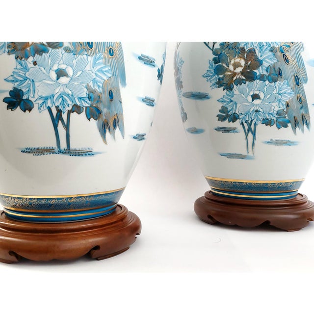 Lamps Hand Painted Japanese Kutani Porcelain Coastal Blue Peacocks Extra Large Pair 1960s For Sale - Image 10 of 14