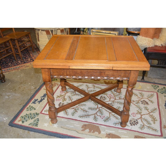 Early 1900’s English Oak Barley Twist Draw - Leaf Dining Pub / Tavern Extending Table For Sale - Image 12 of 16