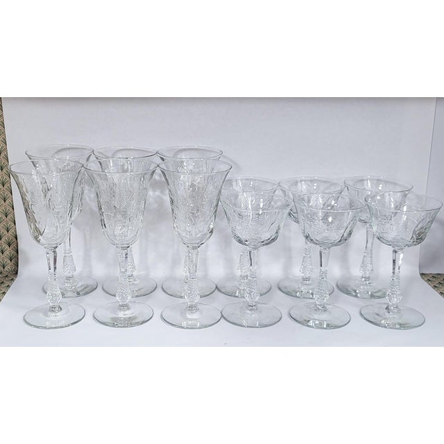 Vintage 20th C Etched Wine & Water Crystal Goblet Glasses - Set of 12 For Sale - Image 10 of 10