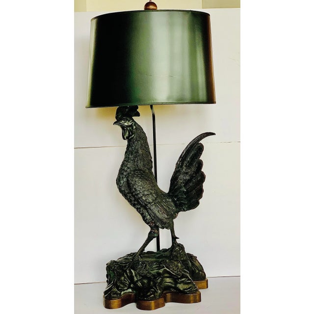 Monumental Bronze Sculptural Rooster Table Lamp Mounted on a Custom Wood Base With Shade For Sale - Image 12 of 13