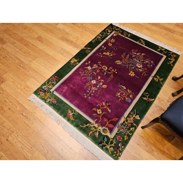 Vintage Chinese Art Deco Area Rug, Handwoven Wool Pile, Floral Design, 4' x 6' For Sale In Chicago - Image 6 of 18