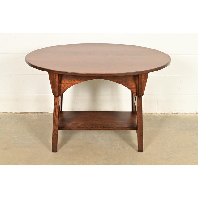 Mission Limbert Antique Mission Oak Arts & Crafts Oval Cutout Center Table or Library Table, Newly Refinished For Sale - Image 3 of 11