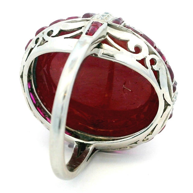 Vintage Platinum Cabochon Ruby, Ruby and Diamond Statement Ring, Size 6.5 For Sale - Image 12 of 15