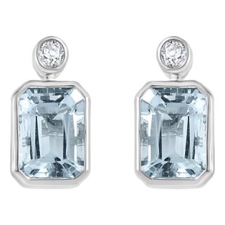 Modern Style Bezel Set Aquamarine Stud Earrings With Diamond in 14k White Gold For Sale