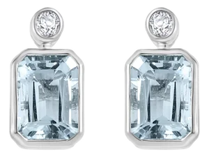 Modern Style Bezel Set Aquamarine Stud Earrings With Diamond in 14k White Gold