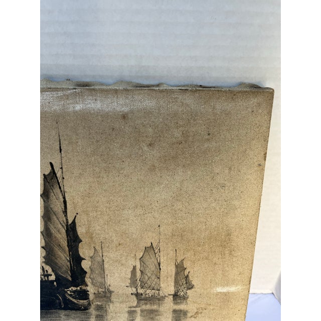 An original oil on canvas painting of a grisaille style water landscape featuring Chinese junk ships.