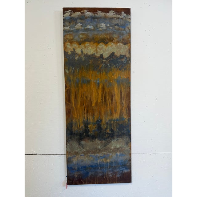 Midcentury Modern Abstract Painting with drip texture Measurements: 48x18x1