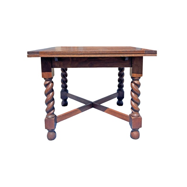 English Antique Barley Twist Leg Extendable Dining or Kitchen Table in Oak Wood For Sale - Image 3 of 11