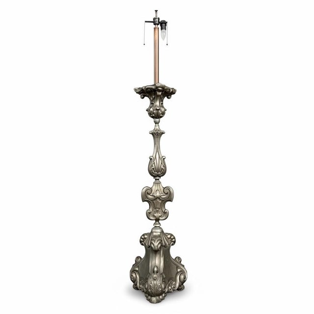 Metal Pair Antique Solid Pewter Baroque Style Candlestick Floor Lamps For Sale - Image 7 of 12
