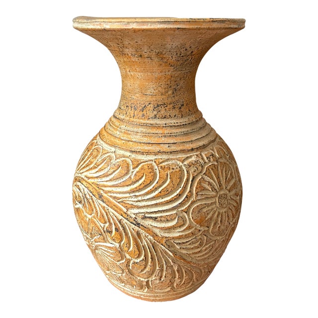 Vintage Hand Carved Rustic Stoneware Vase For Sale