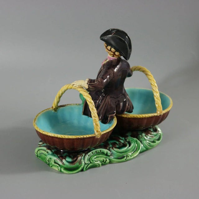 Rare Minton Majolica Figure With Baskets For Sale - Image 4 of 12