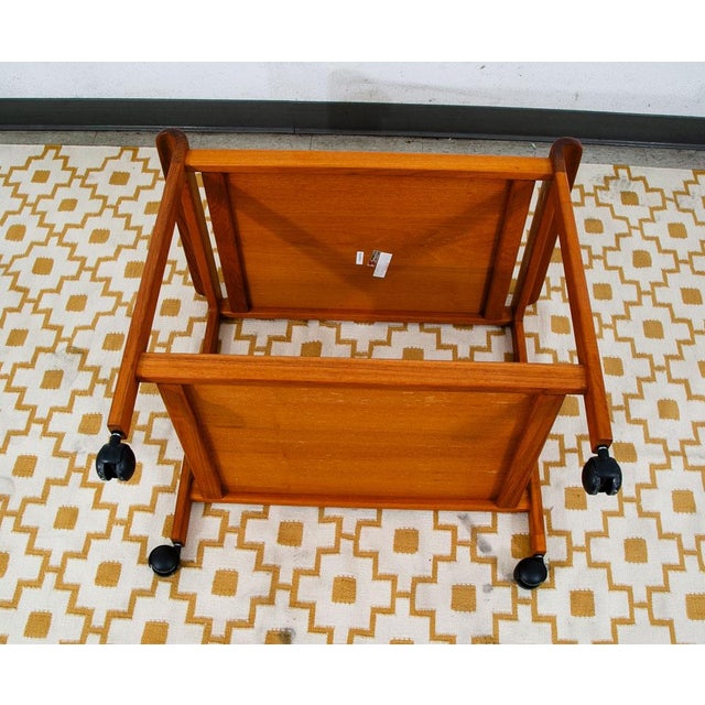 Wood Mid Century Danish Modern Serving Cart Trolley Teak Wood Rolling Bar Vintage MCM For Sale - Image 7 of 11