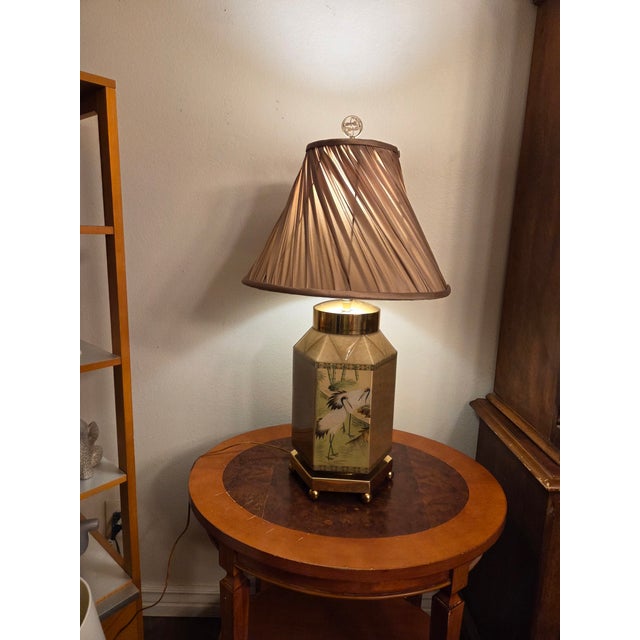 Vintage Chinoiserie Hexagonal Reverse-Painted Glass & Brass Table Lamp For Sale - Image 15 of 15