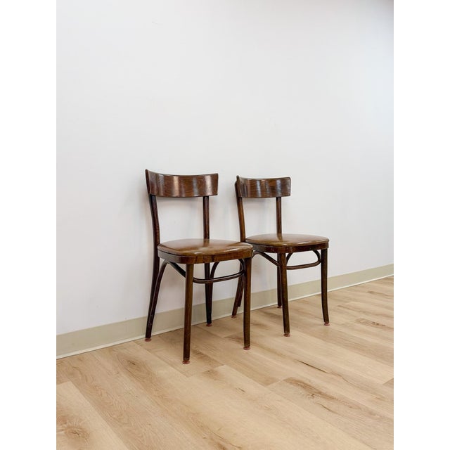 This pair of vintage bentwood chairs showcases the graceful, curved silhouette that has made bentwood construction a...