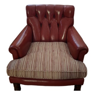 19th Century Traditional Tufted Oxblood Red Leather Library Chair With Custom Seat Cushion For Sale