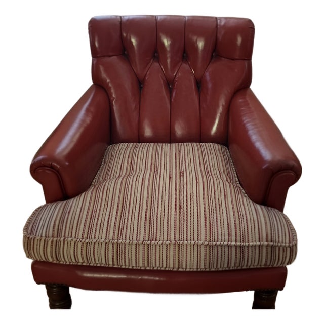 19th Century Traditional Tufted Oxblood Red Leather Library Chair With Custom Seat Cushion For Sale
