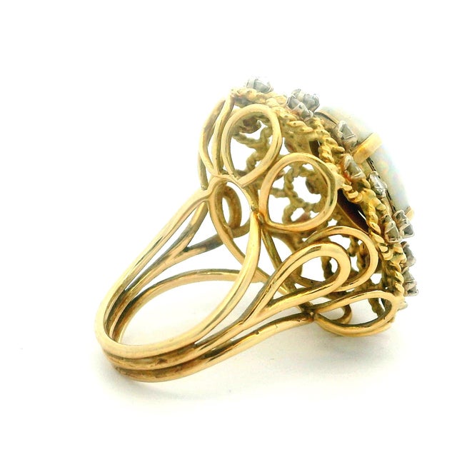 1960s Vintage Italian Opal & Diamond Cocktail Ring | 14k Gold Mid-Century Statement, Size 6 For Sale - Image 5 of 16