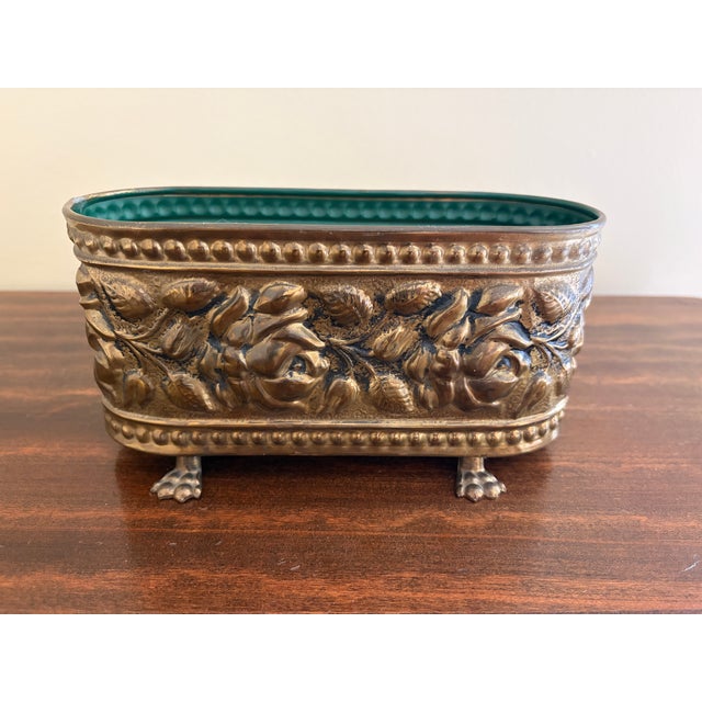 Brass English Brass Repoussé Rose Cachepot With Paw Feet, Mid-20th Century For Sale - Image 8 of 11