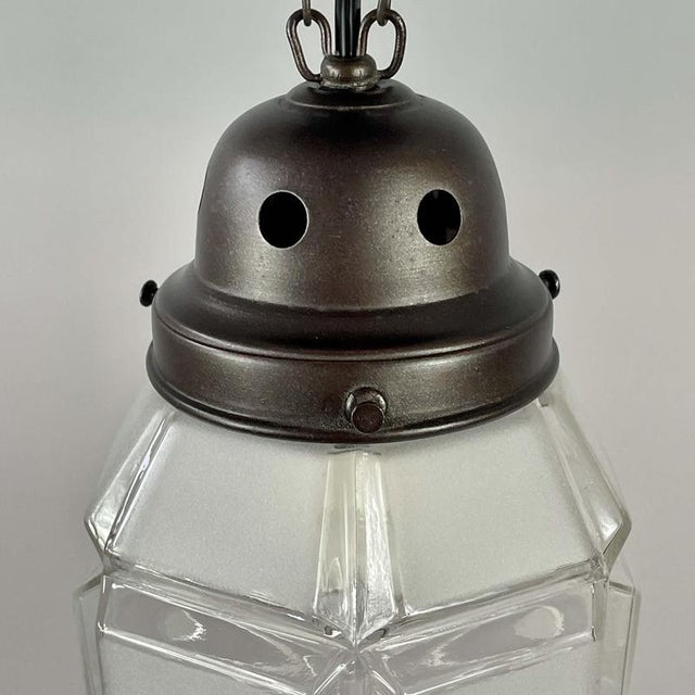 Secessionist Brass Semi Flush Mount in Frosted Glass and Burnished, 1920s For Sale - Image 6 of 14