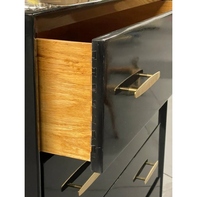Ebony Pair of Mid Century Modern Ebony Lacquered Chests, Dressers, Brass, American For Sale - Image 8 of 11