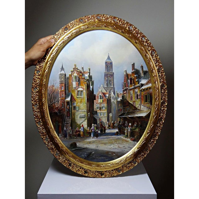 Gold John Haanstra, Large Urban Scene, Oil Painting on Wood, 1970s, Framed For Sale - Image 8 of 16
