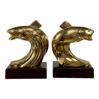 Vintage Traditional Brass Trout Fish Library Bookends - a Pair For Sale