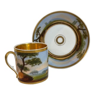 Antique Old Paris Porcelain Coffee Cup & Deep Saucer, Hand-Painted Landscape, Circa 1810 For Sale