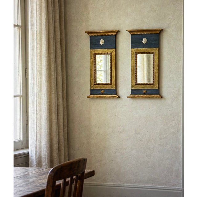 Vintage Blue and Gold Gustavian Twin Mirrors, Set of 2, in Good conditions. Designed before 1890