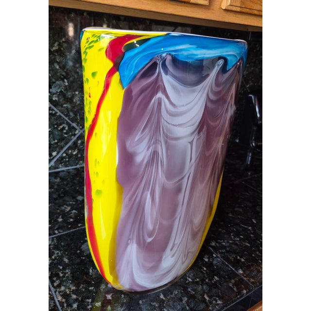 Contemporary Hand-Blown Murano Style Post Modern Art Glass Flattened Pillow Vase – Yellow, Plum & Cobalt Blue (Jg) For Sale - Image 9 of 10