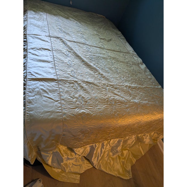 Hollywood Regency Hollywood Regency Gold Satin Bedspread Full Floral Embroidered For Sale - Image 3 of 12