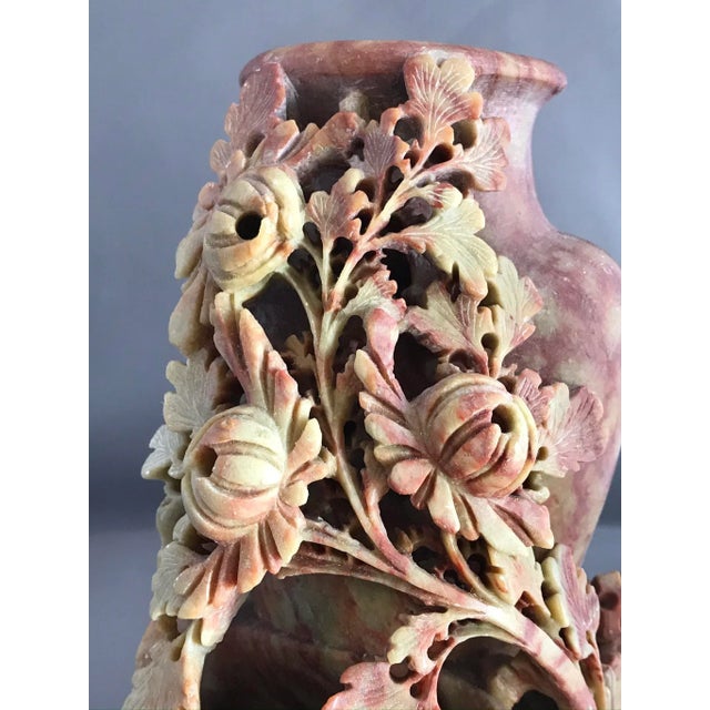 Stone Antique Soapstone Carving of Chrysanthemums on Craggy Rocks For Sale - Image 7 of 13