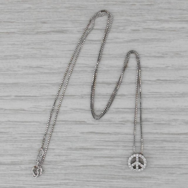 Modern 0.16ctw Diamond Peace Sign Pendant Necklace 14k White Gold 17.5" Box Chain For Sale - Image 3 of 6